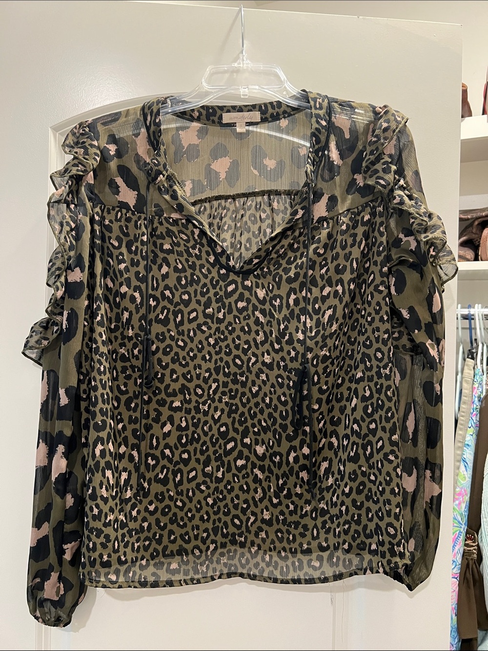 Wonderly Olive and Blush Leopard Sheer Ruffle Blouse